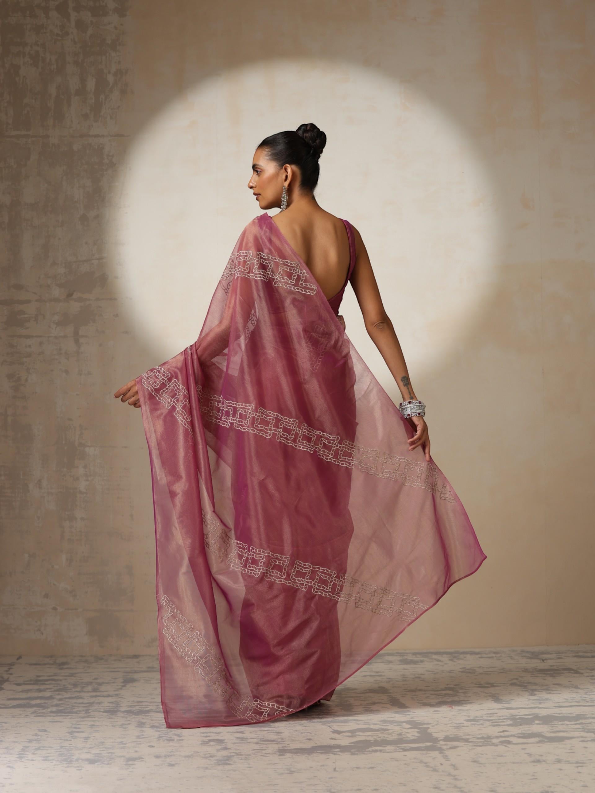 Pink Gold Soft Organza Saree with Zari Embroidery and Blouse Fabric