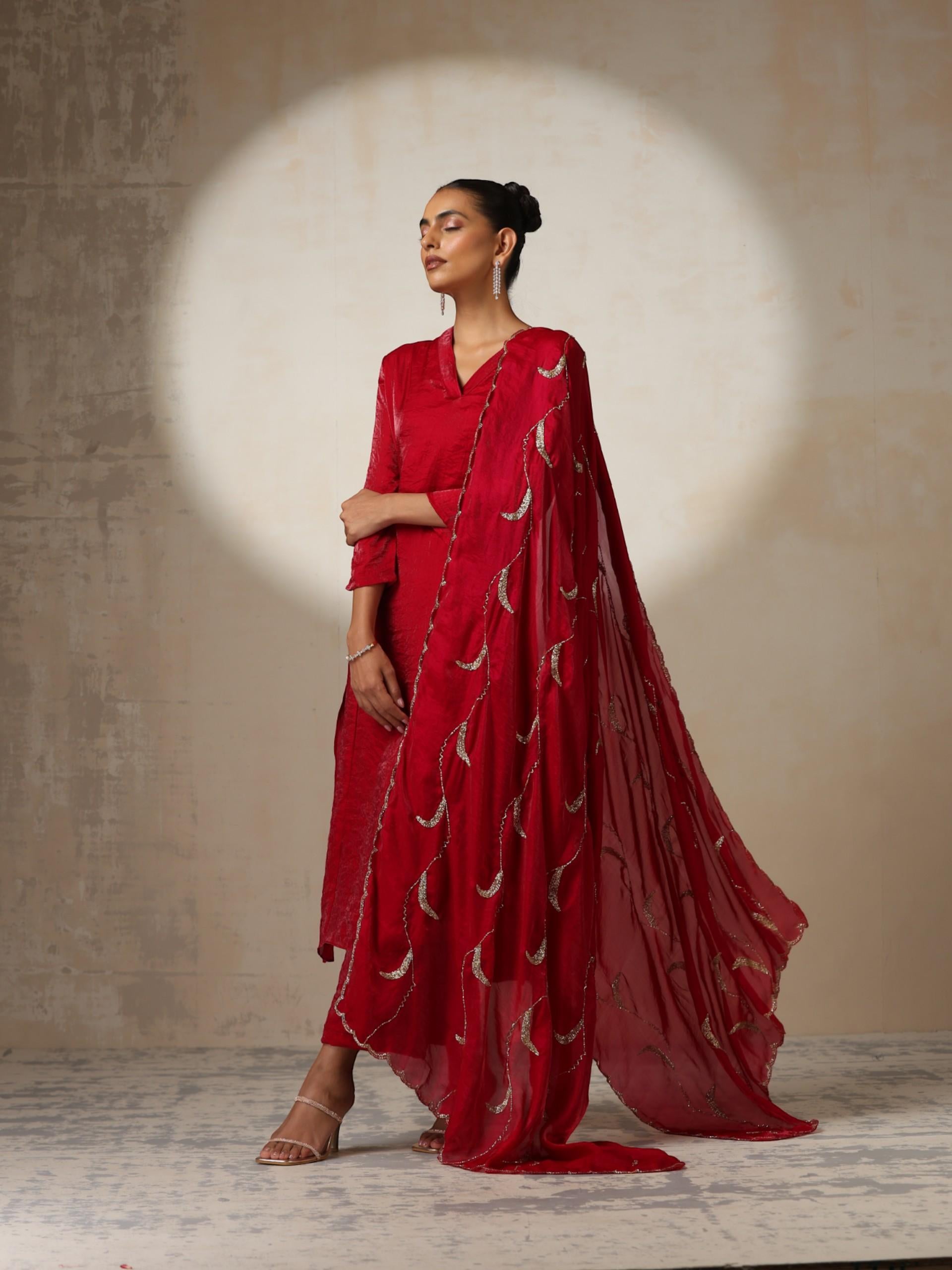 Women's Fuchsia Red Metallic Satin Kurta with Hand Beaded Scallop Dupatta 3 Piece Set | A-Line, V Neck, Full Sleeve, Pants, Festive Wear, (Metallic Satin)