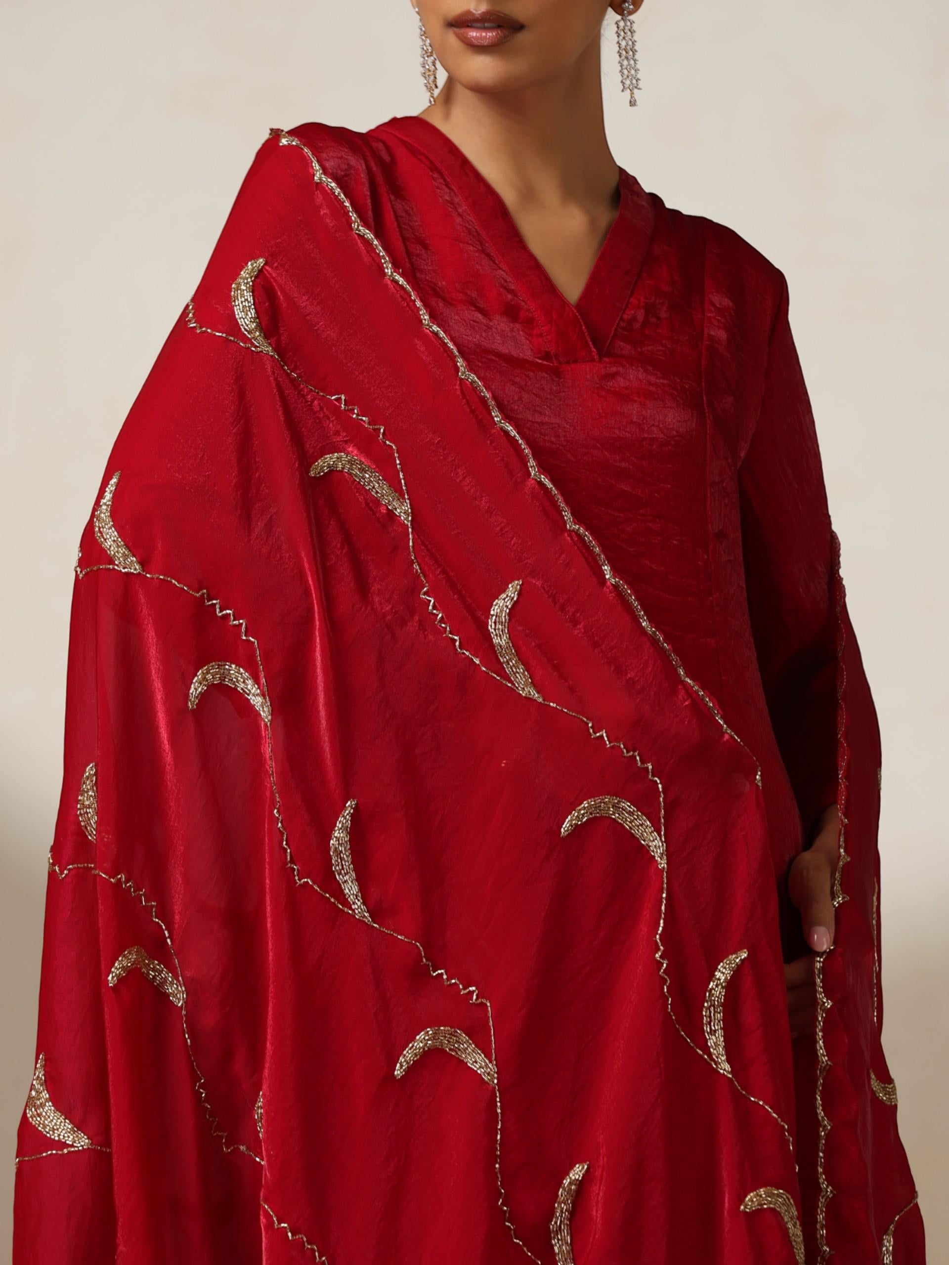 Women's Fuchsia Red Metallic Satin Kurta with Hand Beaded Scallop Dupatta 3 Piece Set | A-Line, V Neck, Full Sleeve, Pants, Festive Wear, (Metallic Satin)