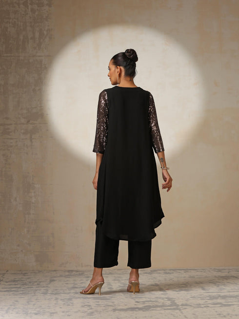 Women's Black and Bronze Sequin Kurta with Korean Fabric Pants 2 Piece Set | A-Line, V Neck, 3/4 Sleeves, Pants, Partywear, (Korean Fabric)
