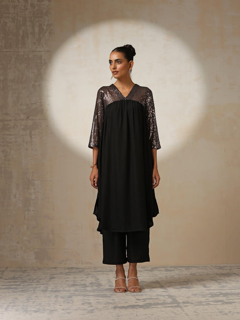 Women's Black and Bronze Sequin Kurta with Korean Fabric Pants 2 Piece Set | A-Line, V Neck, 3/4 Sleeves, Pants, Partywear, (Korean Fabric)