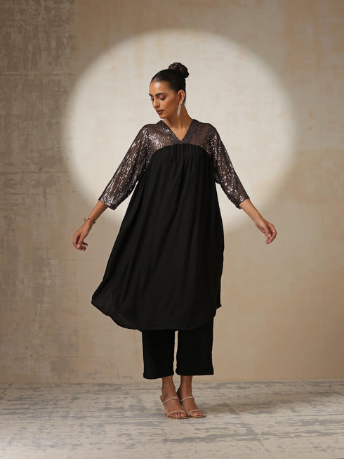 Women's Black and Bronze Sequin Kurta with Korean Fabric Pants 2 Piece Set | A-Line, V Neck, 3/4 Sleeves, Pants, Partywear, (Korean Fabric)