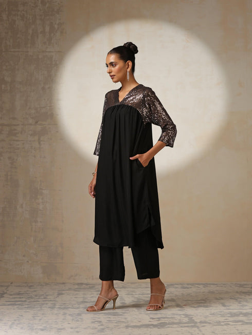 Women's Black and Bronze Sequin Kurta with Korean Fabric Pants 2 Piece Set | A-Line, V Neck, 3/4 Sleeves, Pants, Partywear, (Korean Fabric)