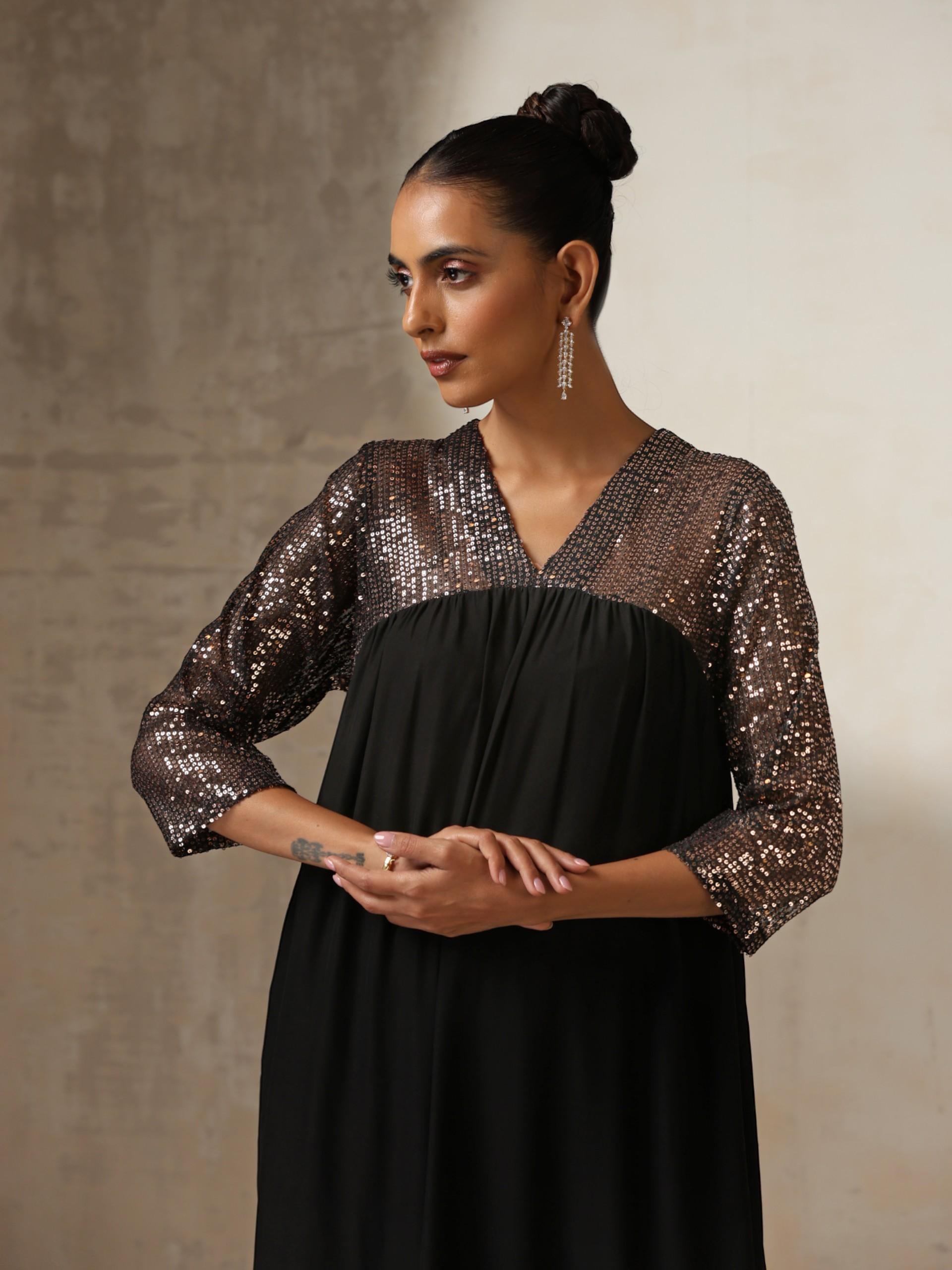 Women's Black and Bronze Sequin Kurta with Korean Fabric Pants 2 Piece Set | A-Line, V Neck, 3/4 Sleeves, Pants, Partywear, (Korean Fabric)