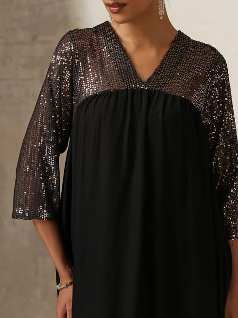 Women's Black and Bronze Sequin Kurta with Korean Fabric Pants 2 Piece Set | A-Line, V Neck, 3/4 Sleeves, Pants, Partywear, (Korean Fabric)