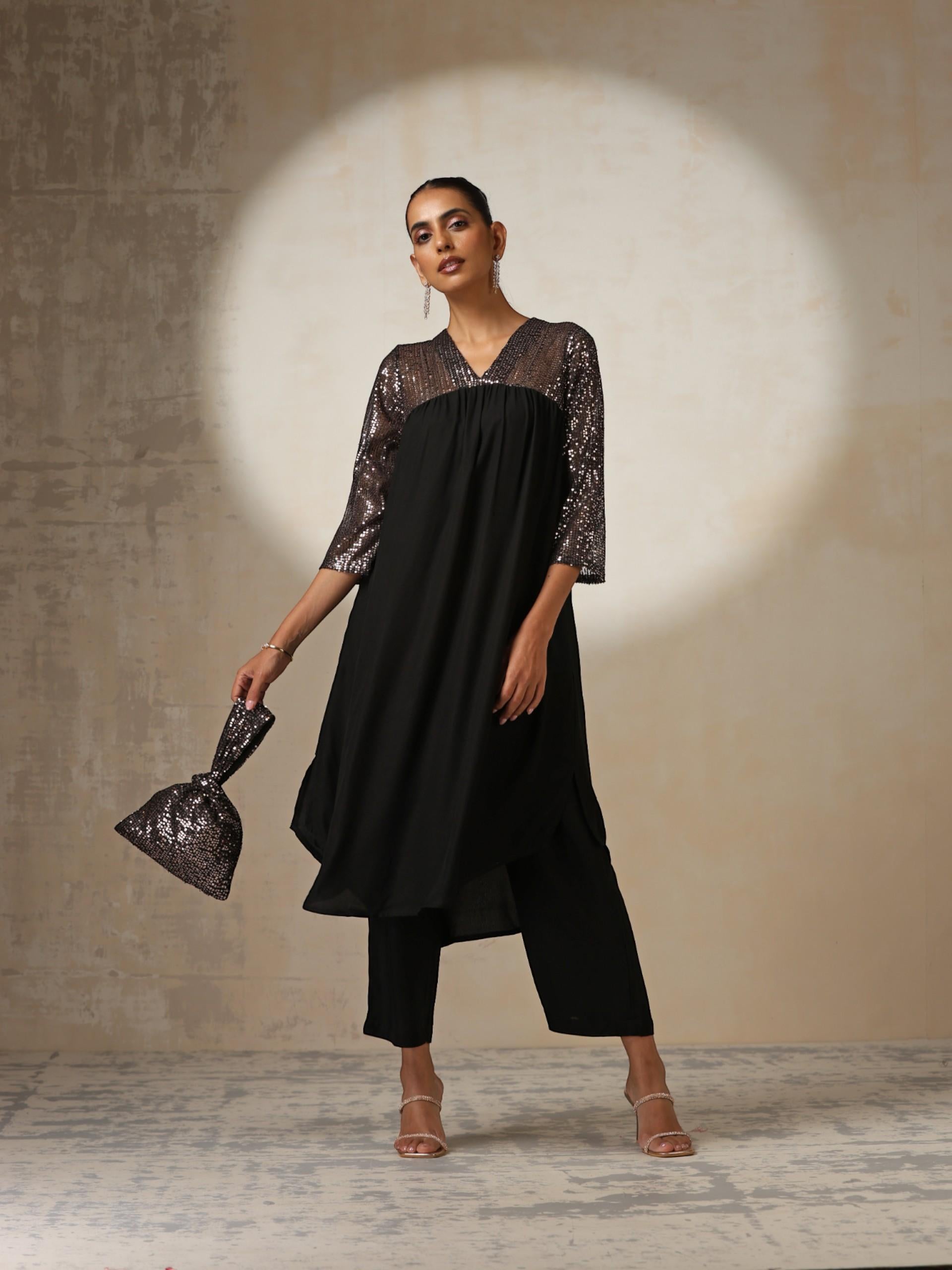 Women's Black and Bronze Sequin Kurta with Korean Fabric Pants 2 Piece Set | A-Line, V Neck, 3/4 Sleeves, Pants, Partywear, (Korean Fabric)