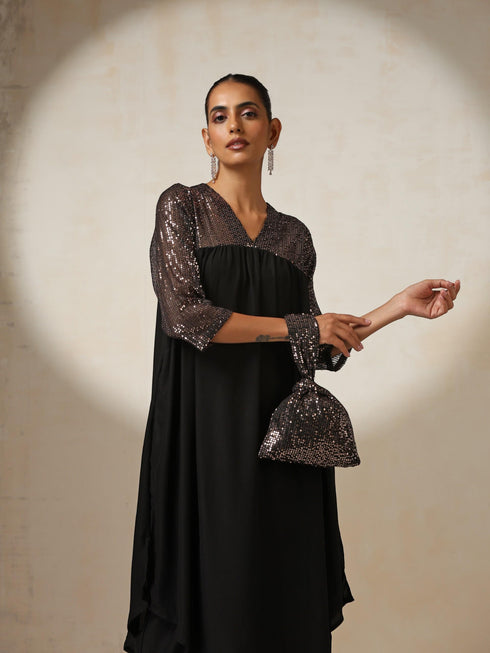 Women's Black and Bronze Sequin Kurta with Korean Fabric Pants 2 Piece Set | A-Line, V Neck, 3/4 Sleeves, Pants, Partywear, (Korean Fabric)