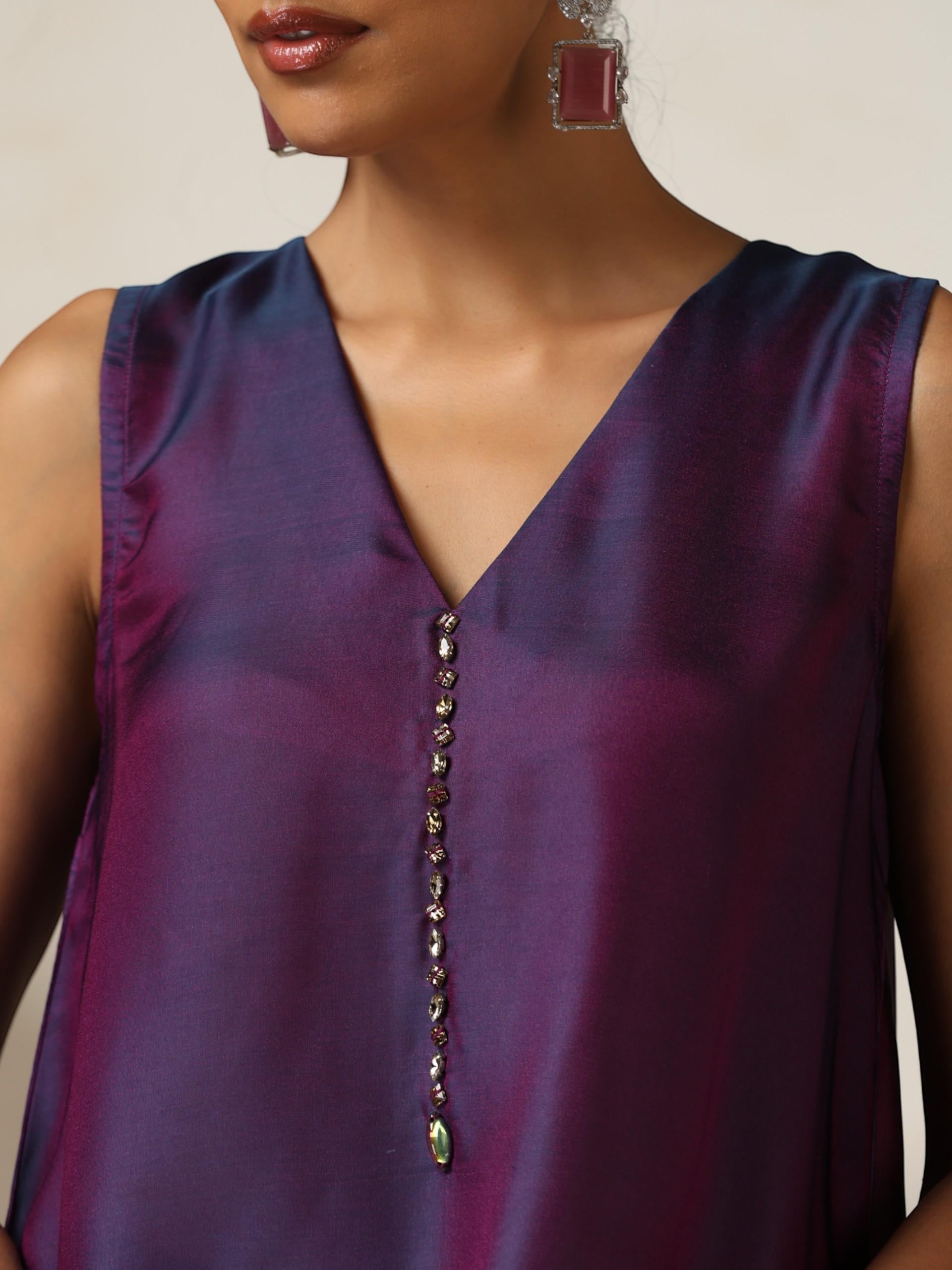 Women's Rarity Ombre Chiffon Kurta Set with Beads and Pants 2 Piece Set | A-Line, V Neck, Sleeveless, Pants, Partywear, (Chiffon)