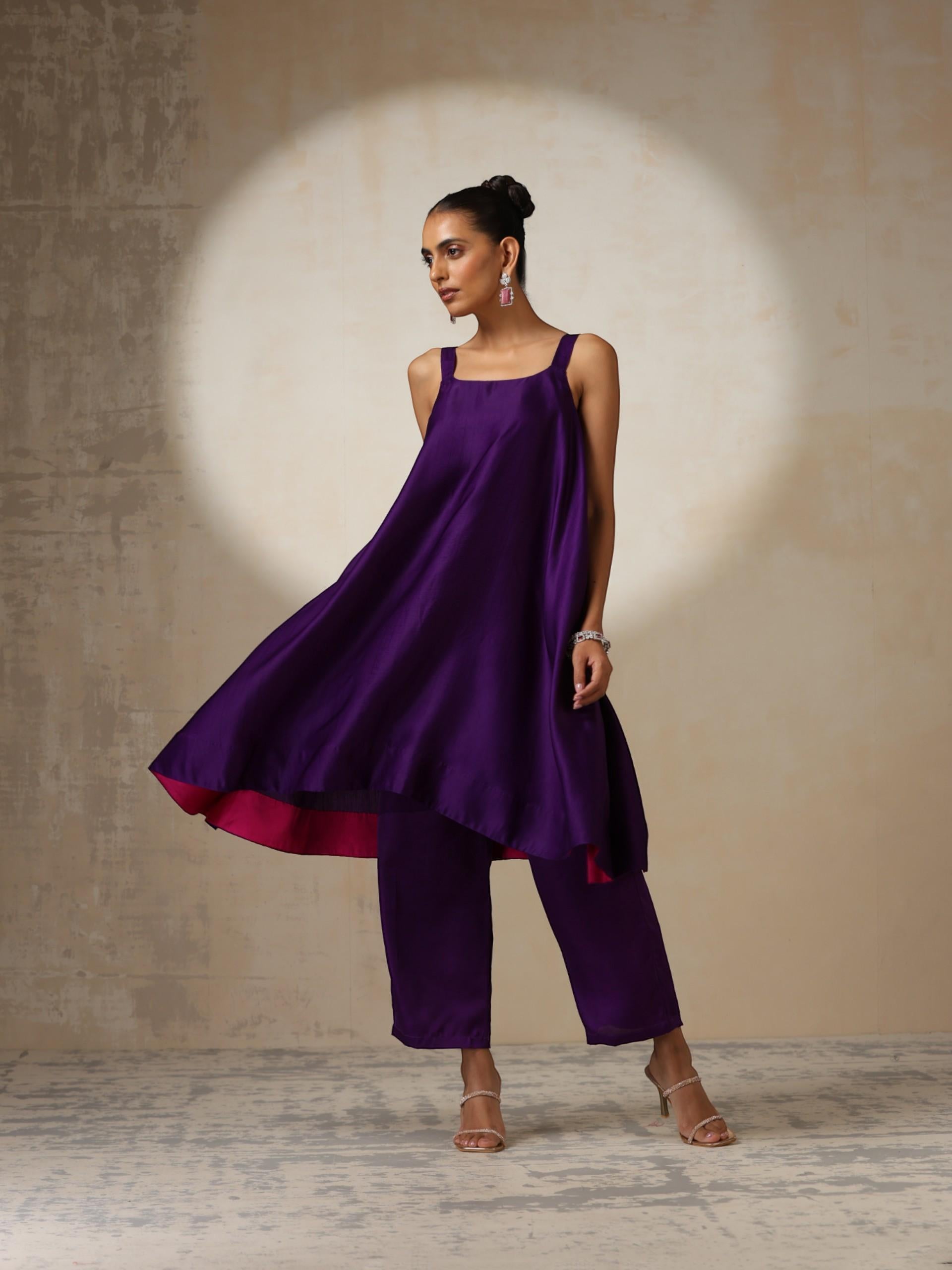 Women's Purple Silk Blend A-Line Sleeveless Top and Bottom with Pocket 2 Piece Set | A-Line, Square Neck, Sleeveless, Pants, Party Wear, Casual Wear, (Silk Blend)