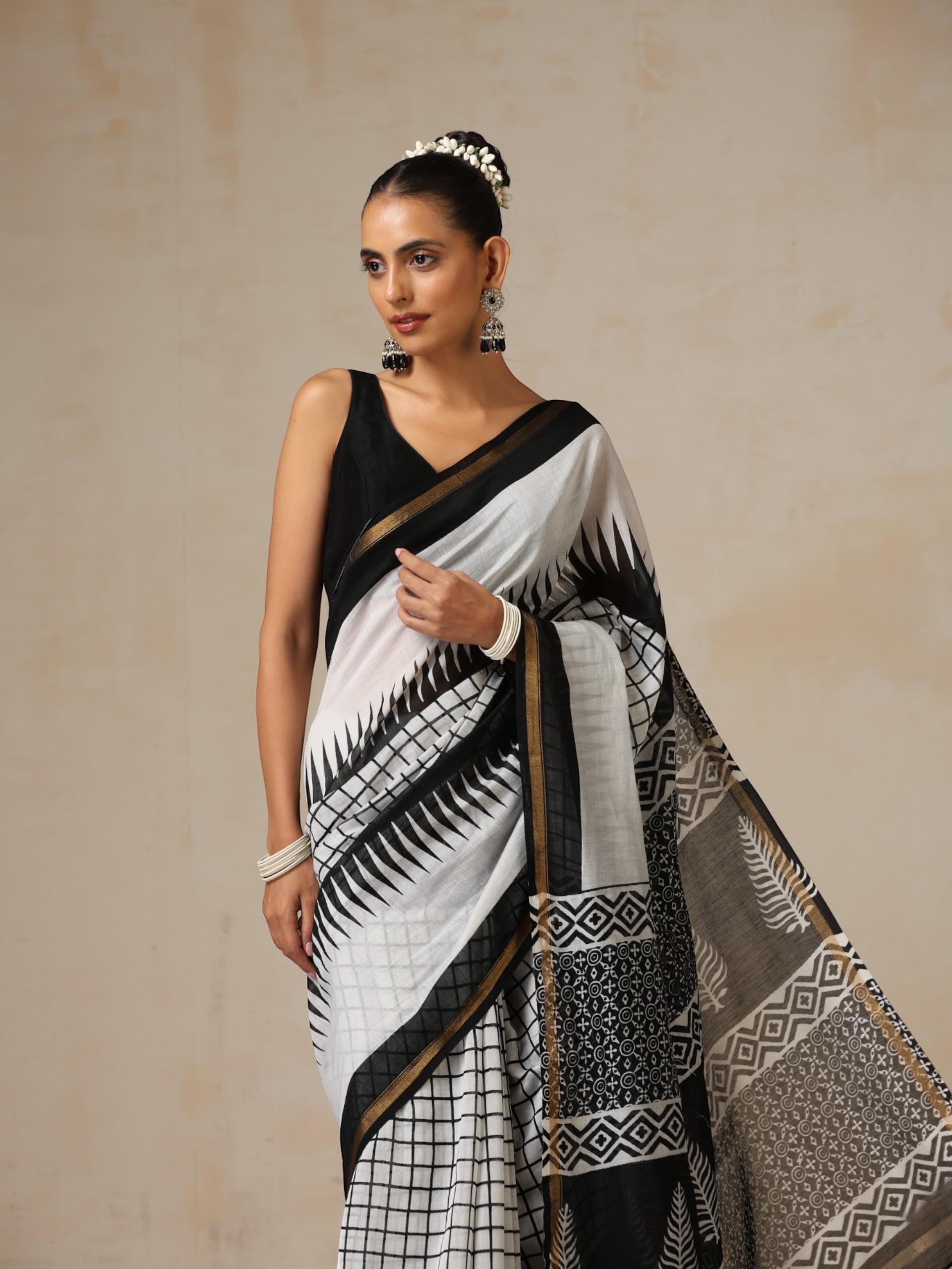 Black Chevron Pure Chanderi Silk Cotton Hand Printed Saree with Blouse Fabric