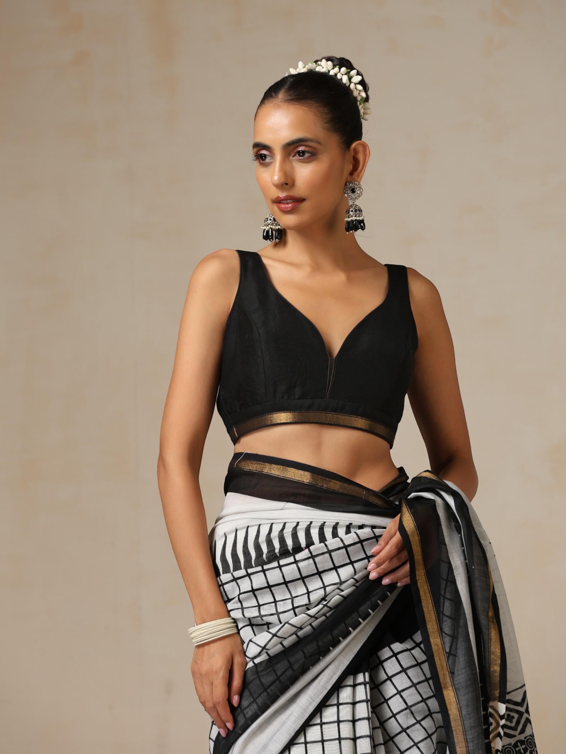 Black Chevron Pure Chanderi Silk Cotton Hand Printed Saree with Blouse Fabric
