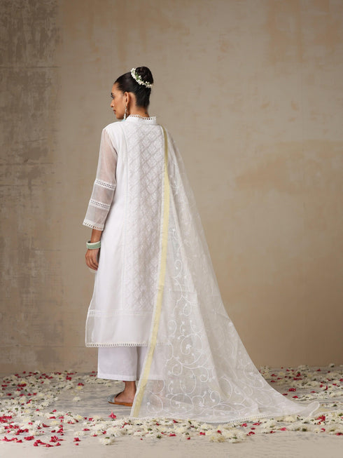 Women's White Kota Cotton Phulkari Embroidered Kurta with Dupatta and Pyjama 3 Piece Set | A-Line, V Neck, 3/4 Sleeves, Pyjama, Work Wear, Festive Wear, (Kota Cotton)
