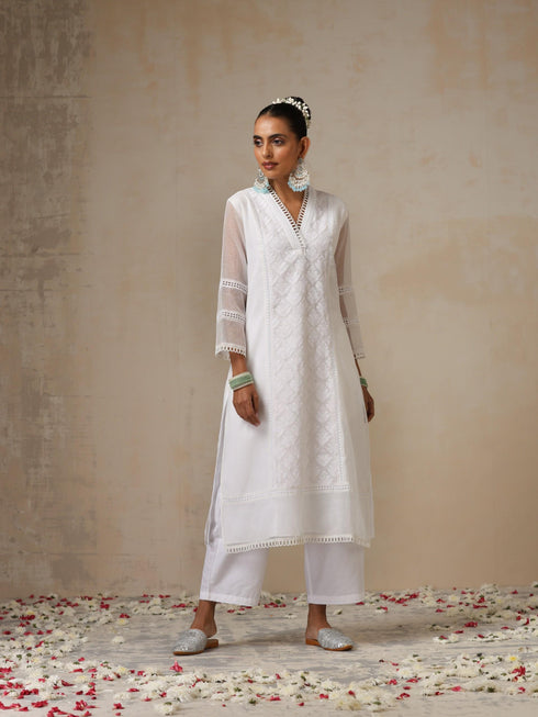Women's White Kota Cotton Phulkari Embroidered Kurta with Dupatta and Pyjama 3 Piece Set | A-Line, V Neck, 3/4 Sleeves, Pyjama, Work Wear, Festive Wear, (Kota Cotton)