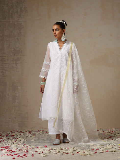 Women's White Kota Cotton Phulkari Embroidered Kurta with Dupatta and Pyjama 3 Piece Set | A-Line, V Neck, 3/4 Sleeves, Pyjama, Work Wear, Festive Wear, (Kota Cotton)