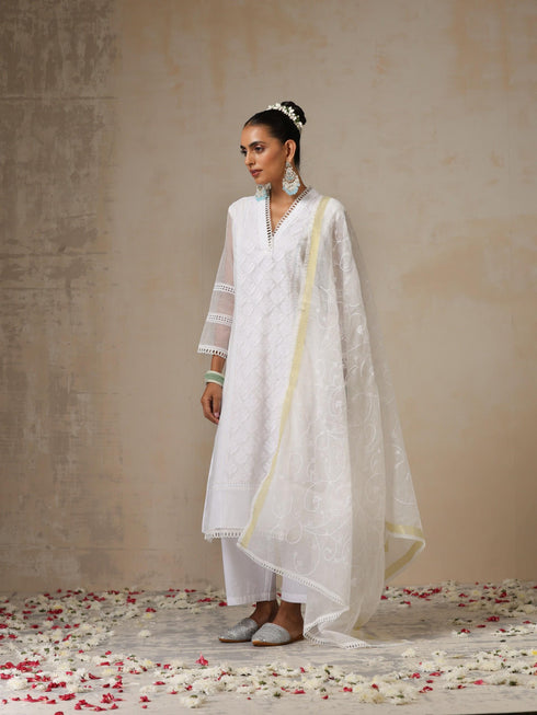 Women's White Kota Cotton Phulkari Embroidered Kurta with Dupatta and Pyjama 3 Piece Set | A-Line, V Neck, 3/4 Sleeves, Pyjama, Work Wear, Festive Wear, (Kota Cotton)