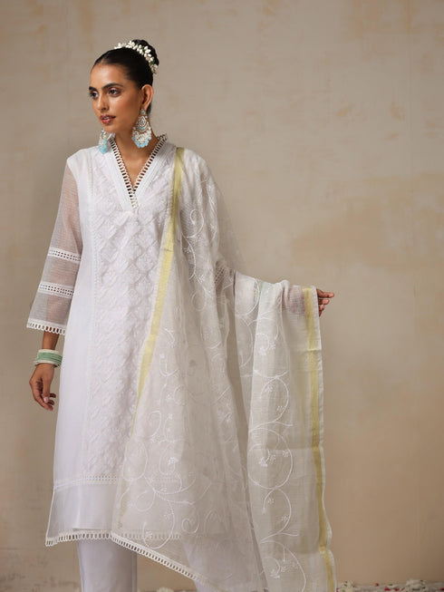 Women's White Kota Cotton Phulkari Embroidered Kurta with Dupatta and Pyjama 3 Piece Set | A-Line, V Neck, 3/4 Sleeves, Pyjama, Work Wear, Festive Wear, (Kota Cotton)