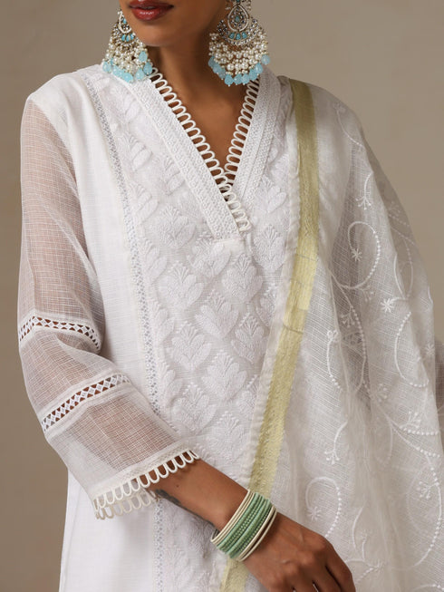 Women's White Kota Cotton Phulkari Embroidered Kurta with Dupatta and Pyjama 3 Piece Set | A-Line, V Neck, 3/4 Sleeves, Pyjama, Work Wear, Festive Wear, (Kota Cotton)