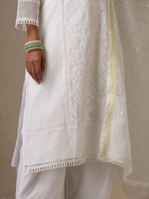 Women's White Kota Cotton Phulkari Embroidered Kurta with Dupatta and Pyjama 3 Piece Set | A-Line, V Neck, 3/4 Sleeves, Pyjama, Work Wear, Festive Wear, (Kota Cotton)
