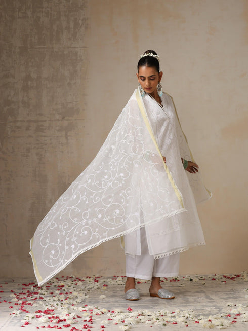 Women's White Kota Cotton Phulkari Embroidered Kurta with Dupatta and Pyjama 3 Piece Set | A-Line, V Neck, 3/4 Sleeves, Pyjama, Work Wear, Festive Wear, (Kota Cotton)