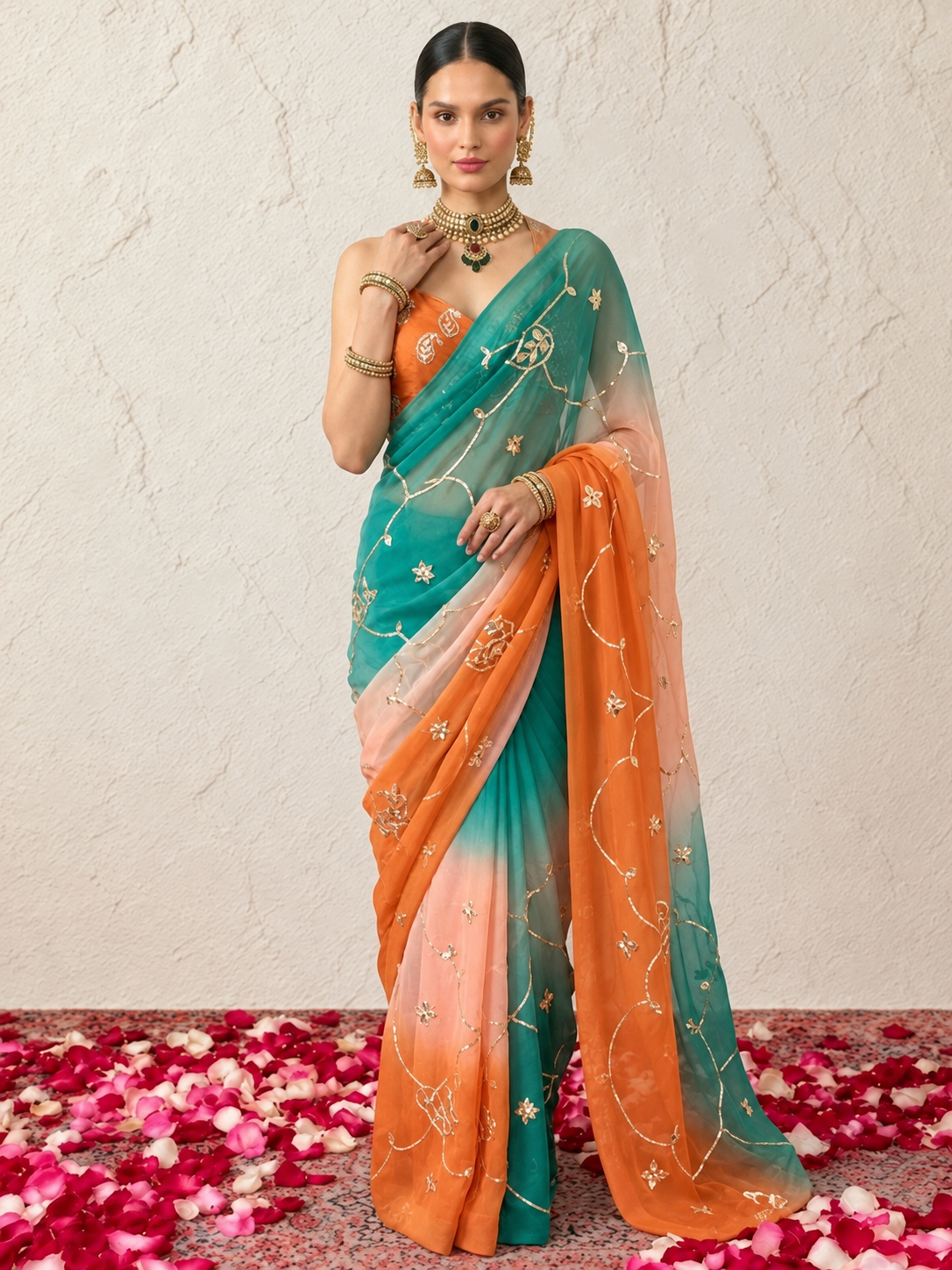 Rust and Blue Ombre Pure Silk Chiffon Gota Patti Jaal Saree with Crepe Blouse Fabric