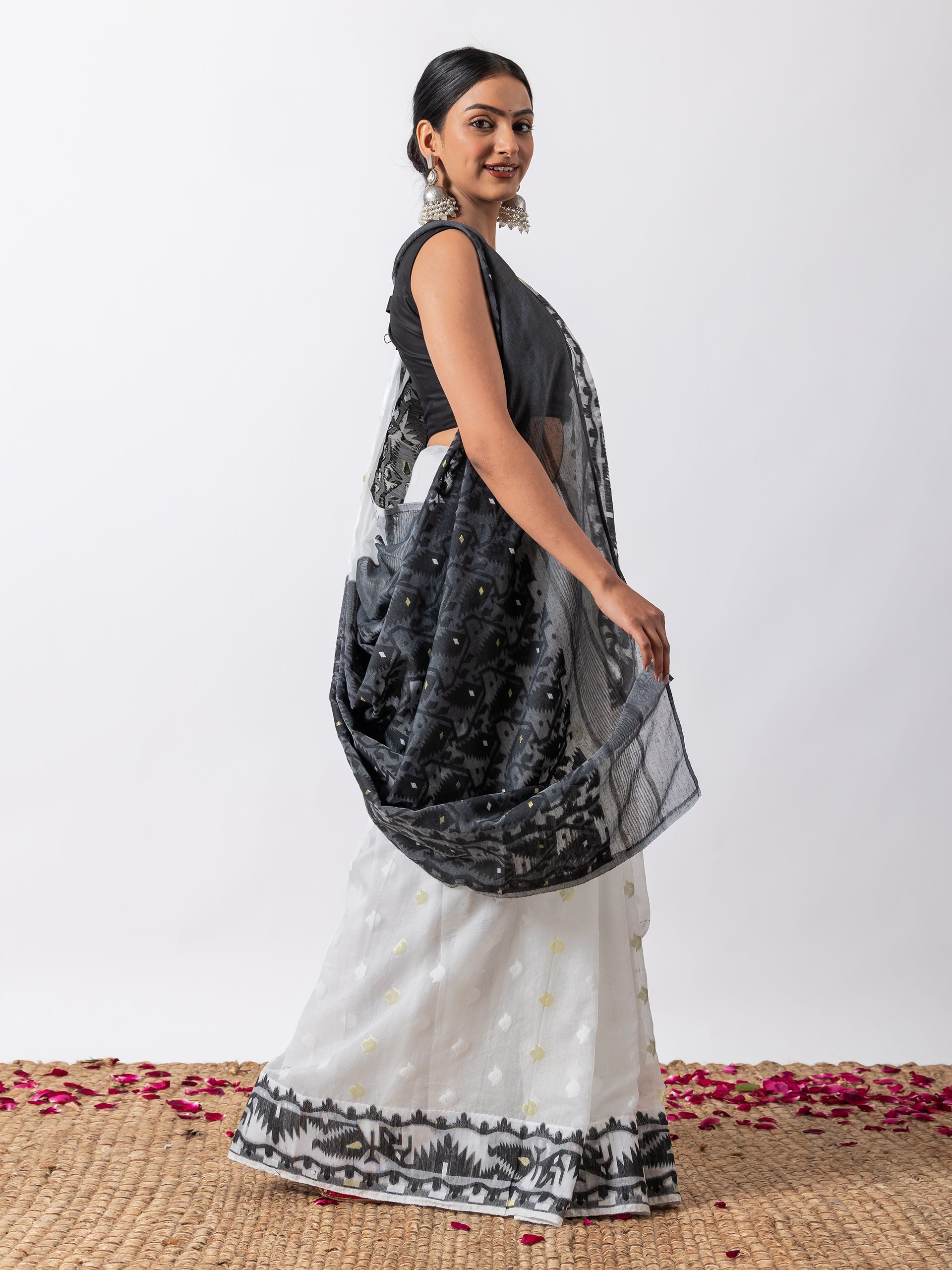 Black and White Dhakai Jamdani Cotton Saree