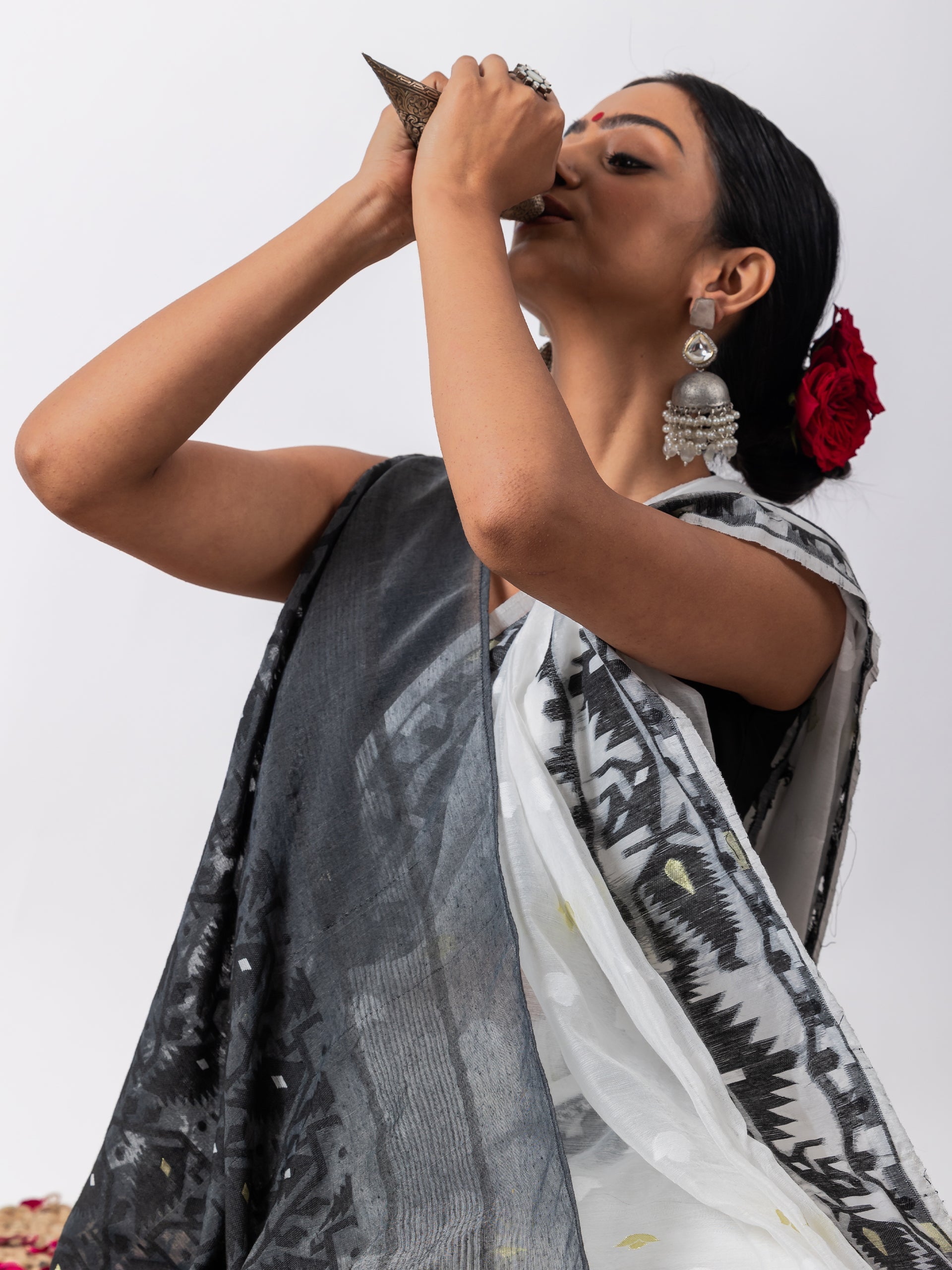 Black and White Dhakai Jamdani Cotton Saree