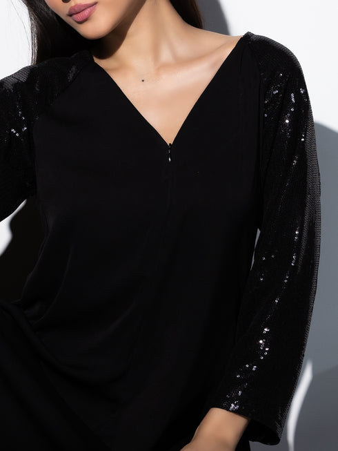 Women's Black Korean Coverall with Full Sequin Sleeves 1 Piece | Straight Fit, V Neck, Full Sleeves, Partywear, (Korean Fabric)