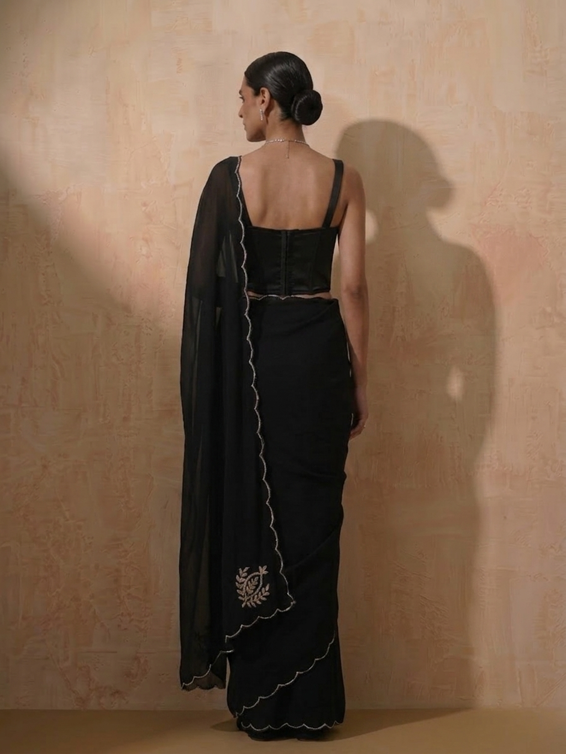 Black Chiffon Saree with Scallop and Hand Beading with Self Fabric Blouse