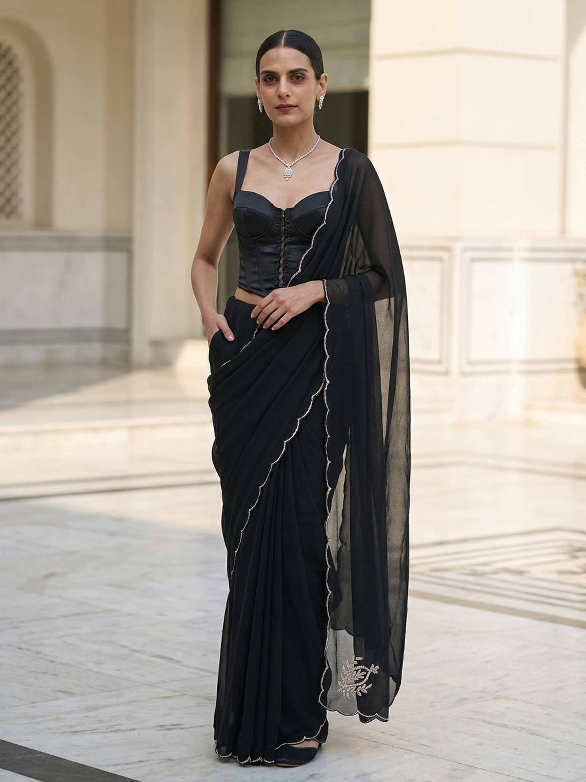 Black Chiffon Saree with Scallop and Hand Beading with Self Fabric Blouse
