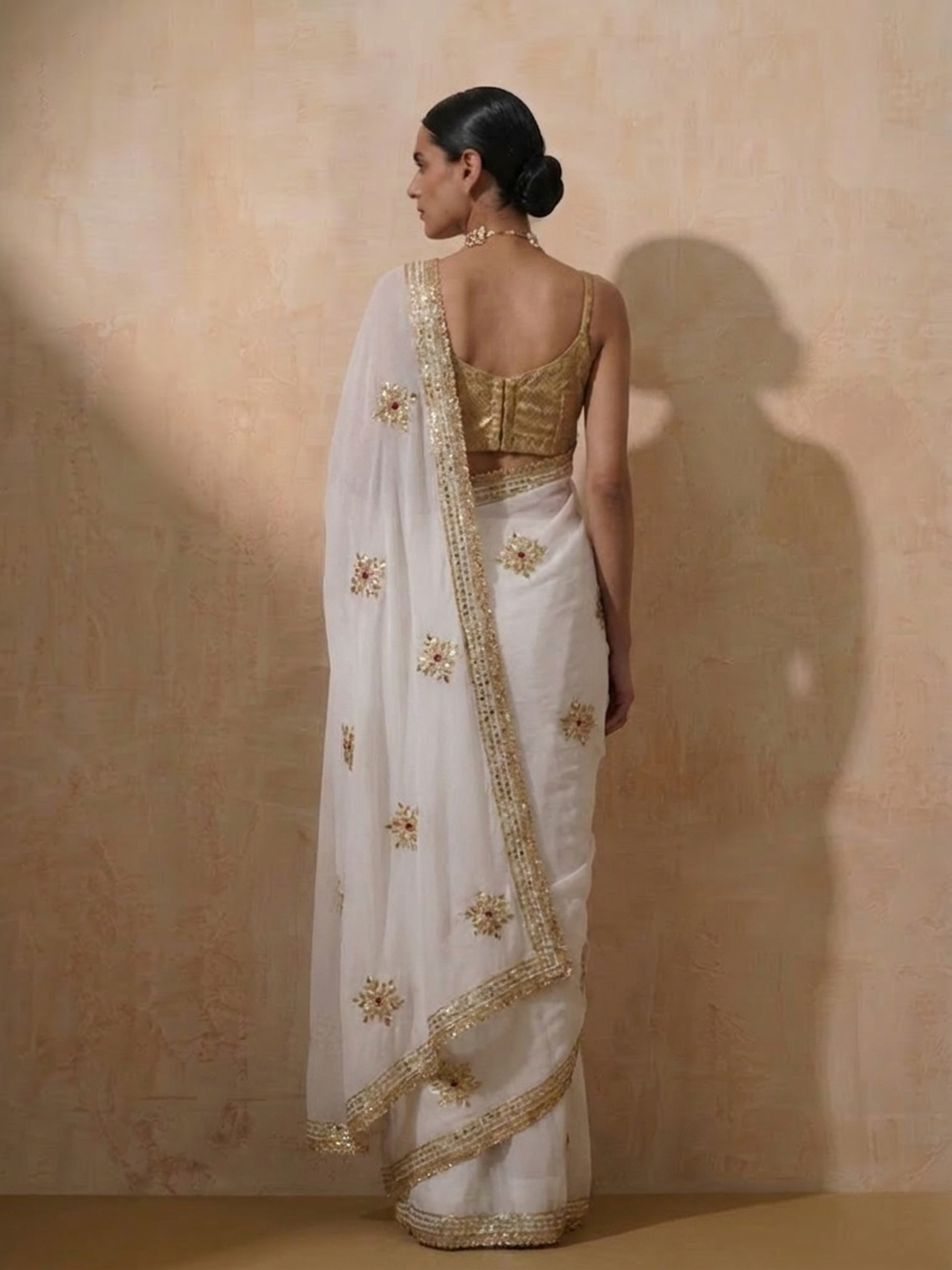 White Chiffon Saree with Gota Patti Handwork with Self Blouse Fabric