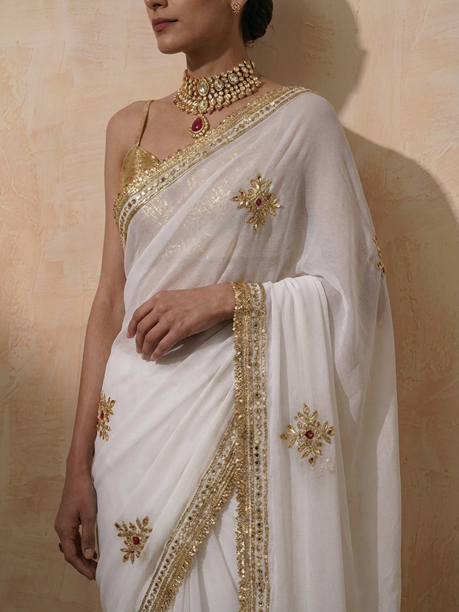 White Chiffon Saree with Gota Patti Handwork with Self Blouse Fabric