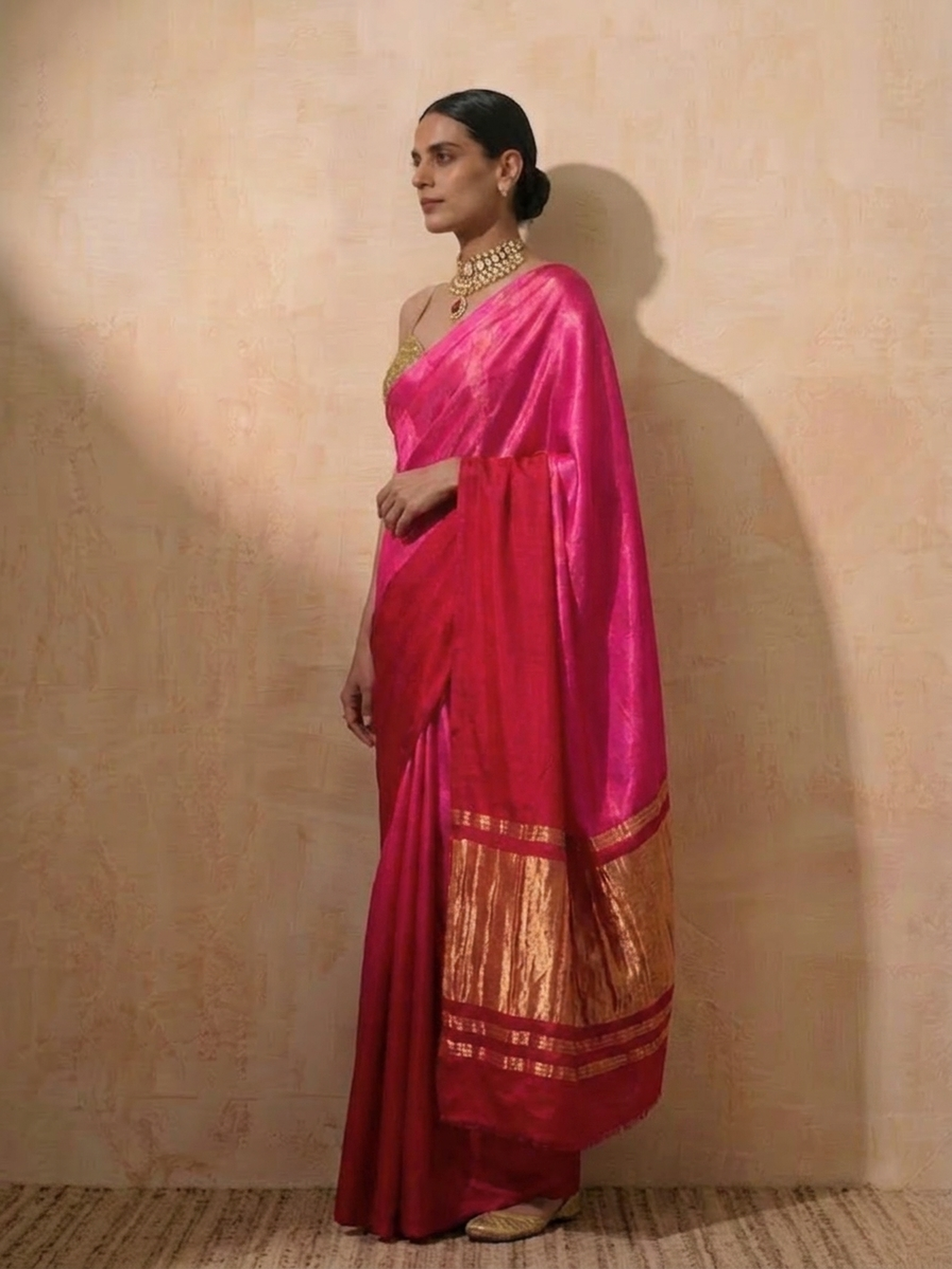 Gajji Silk Red Pink Ombre Saree with Self Blouse Fabric