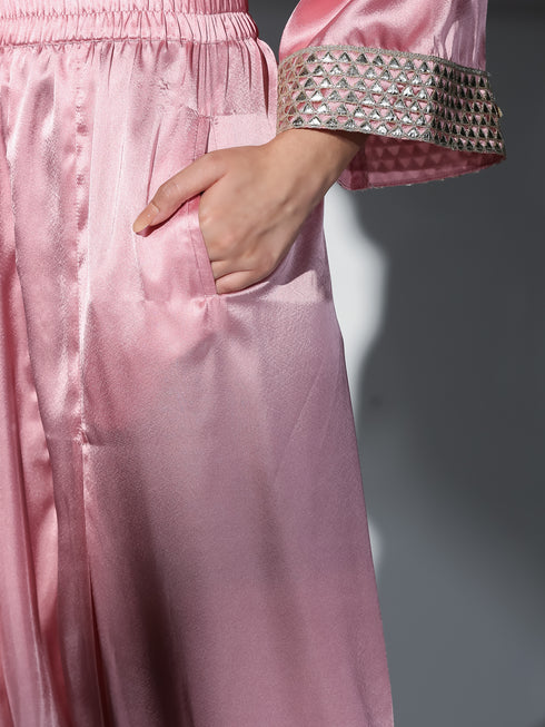 Women's Vision in Pink Satin Set with Gold Triangle on Sleeves and Easy Pants 2 Piece Set | Straight Fit, Round Neck, 3/4 Sleeves, Pants, Festive Wear, (Satin)