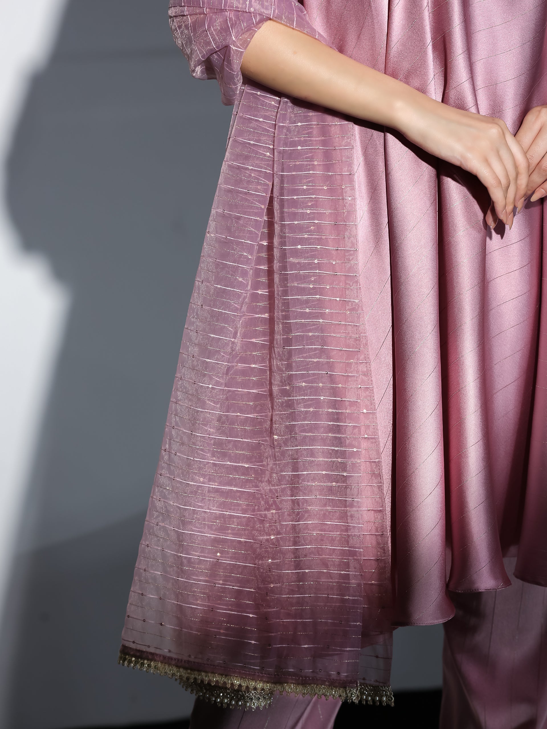Women's Pink Stripe Satin Dress Set with Pants and Organza Sparkle Dupatta with Lace 3 Piece Set | Straight Fit, Round Neck, Sleeveless, Pants, Festive Wear, (Satin)