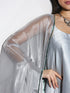 Women's Grey Stripe Satin Dress with Pants and Organza Chiffon Dupatta 3 Piece Set | Straight Fit, Round Neck, Sleeveless, Pants, Partywear, (Satin Chiffon)