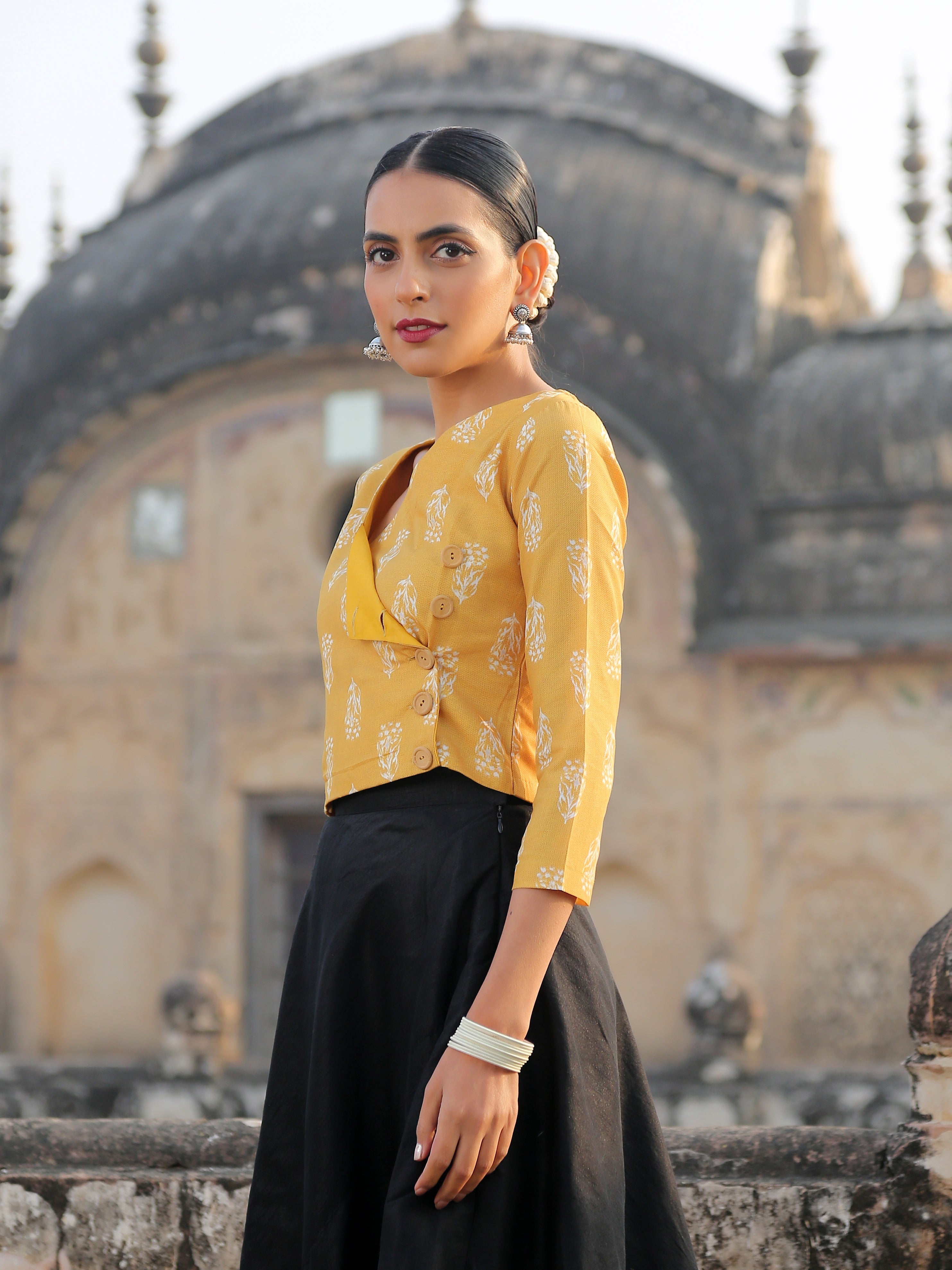 Yellow Flower Angrakha Blouse