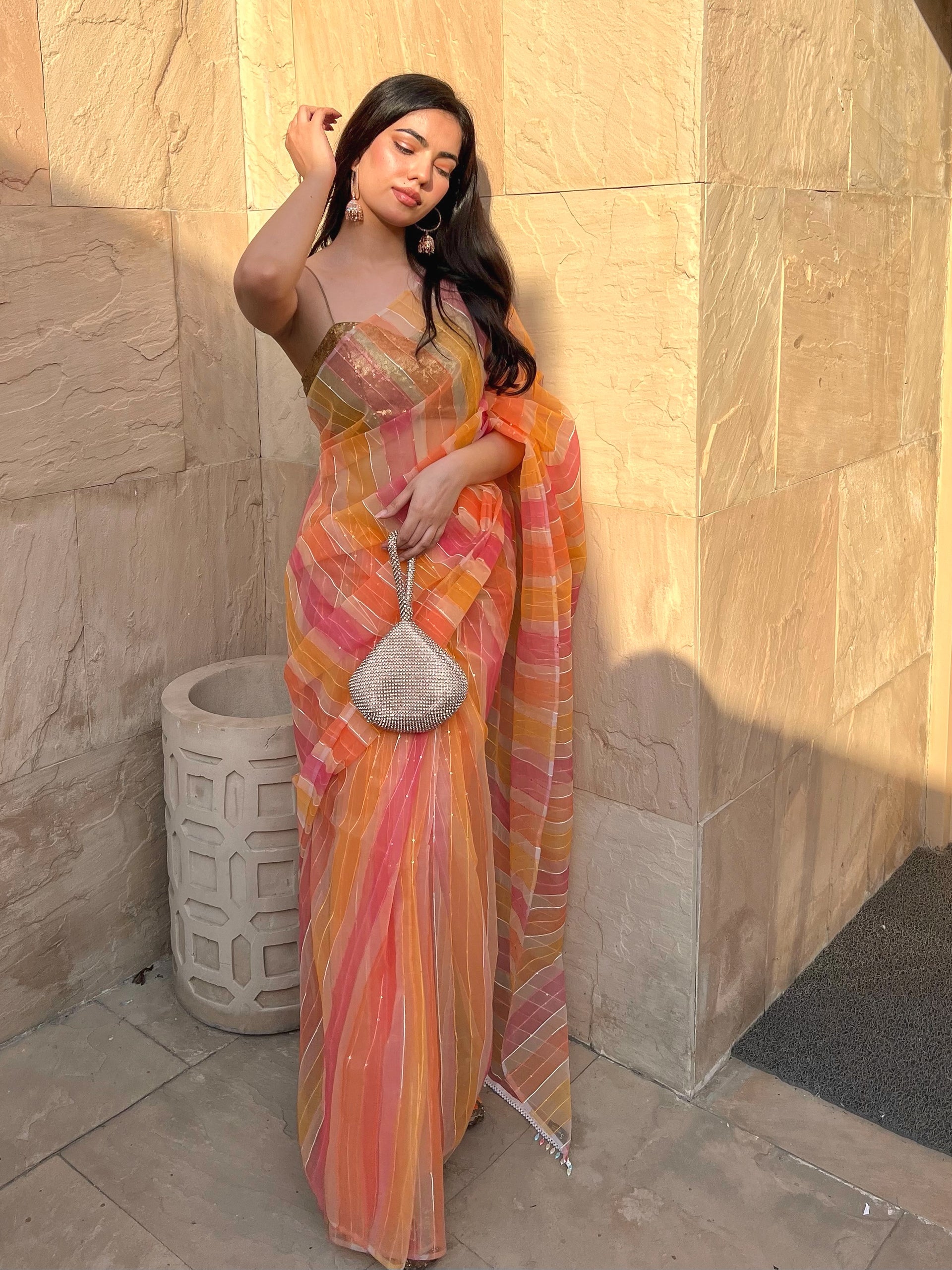 Hand painted colour melted pink yellow organza saree with lace and blouse fabric — view 3