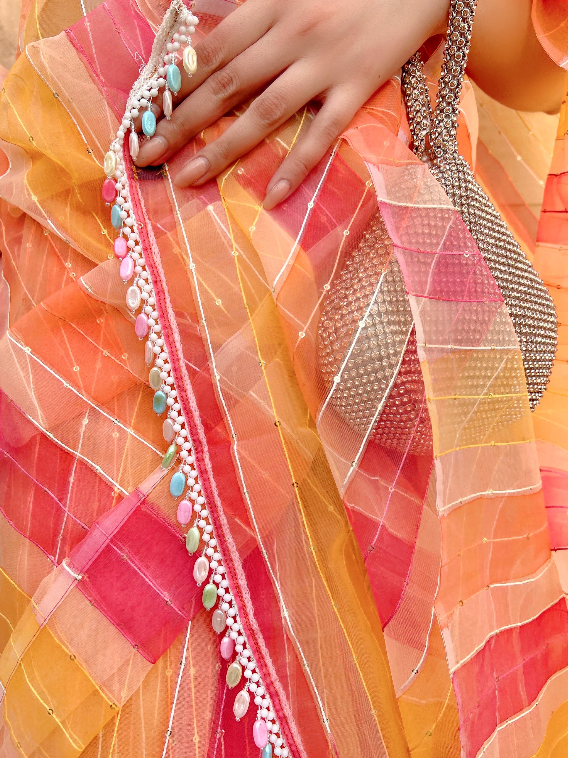 Hand painted colour melted pink yellow organza saree with lace and blouse fabric — view 2