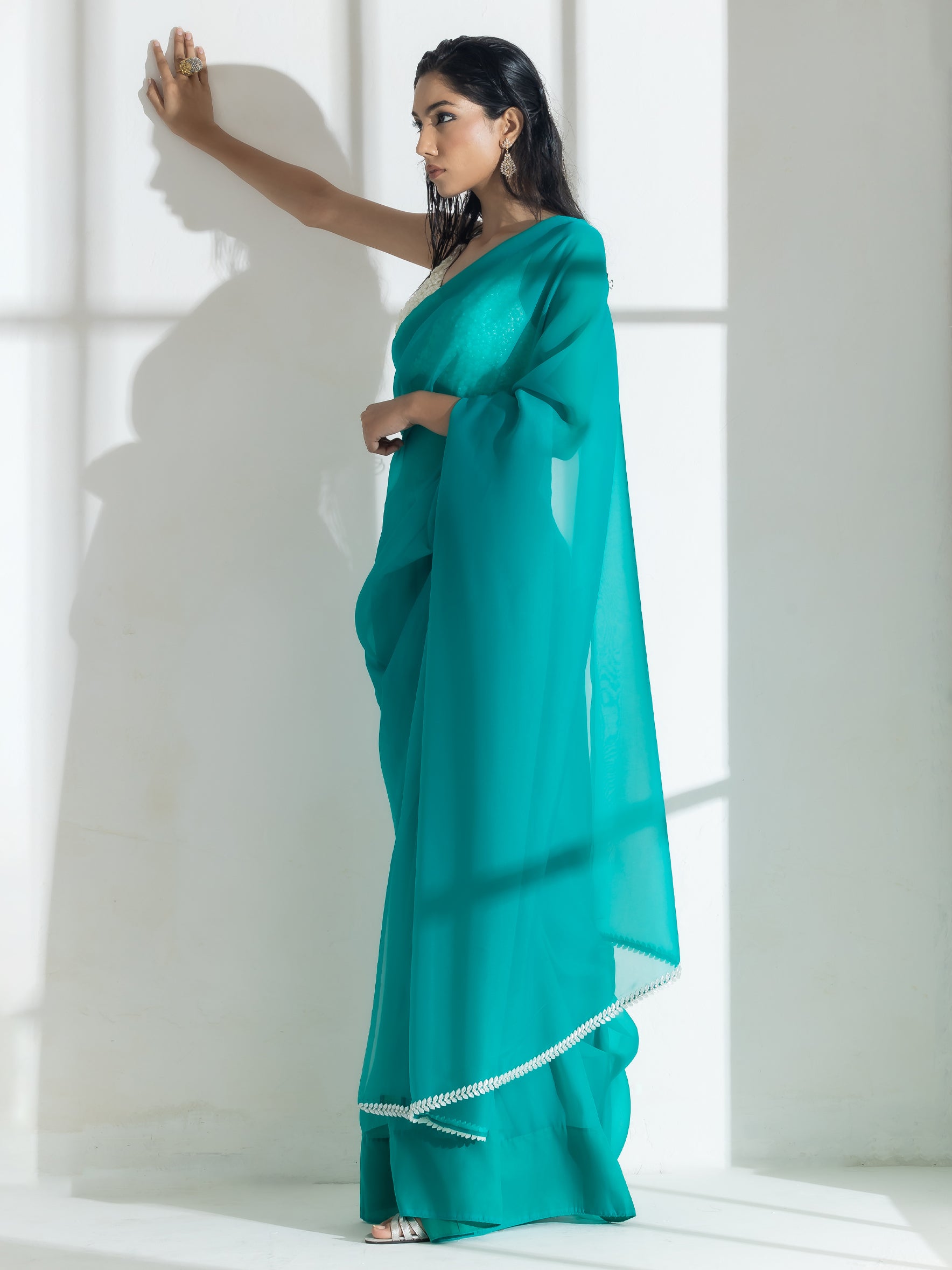 Topaz Super Soft Organza Saree with Pearl Leaves