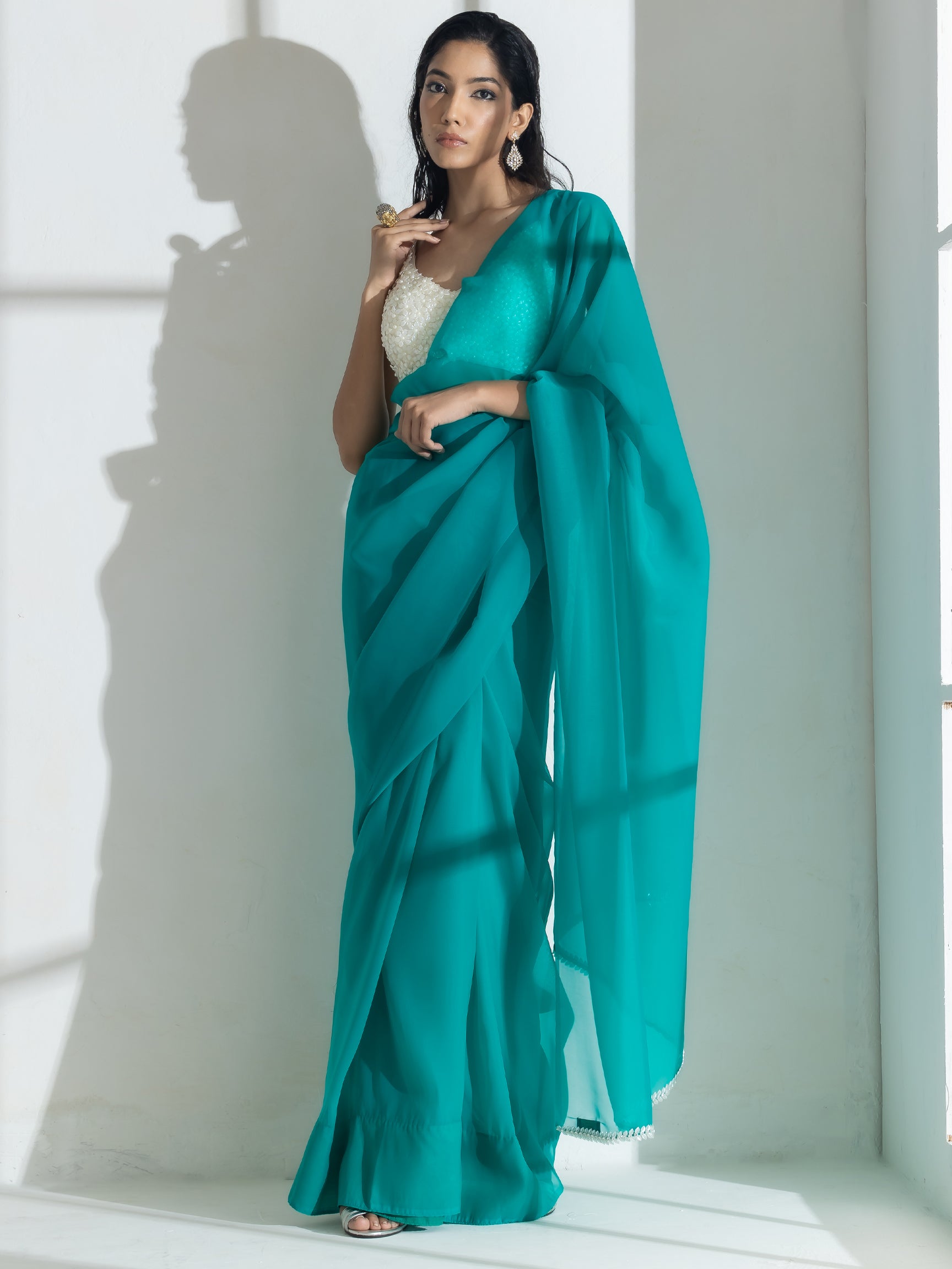 Topaz Super Soft Organza Saree with Pearl Leaves