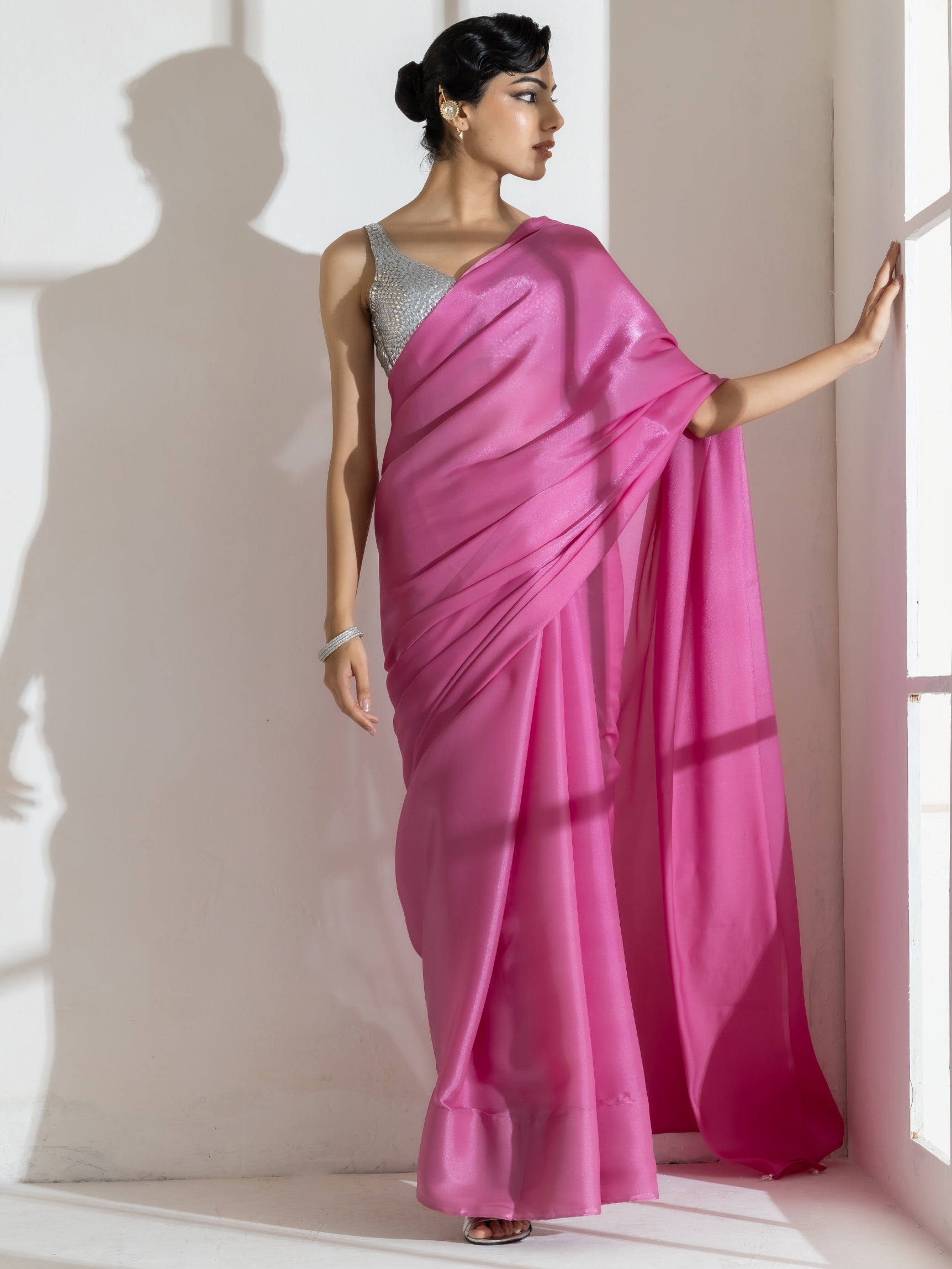 Onion Pink Silky Organza Saree with Beads and Self Blouse Fabric