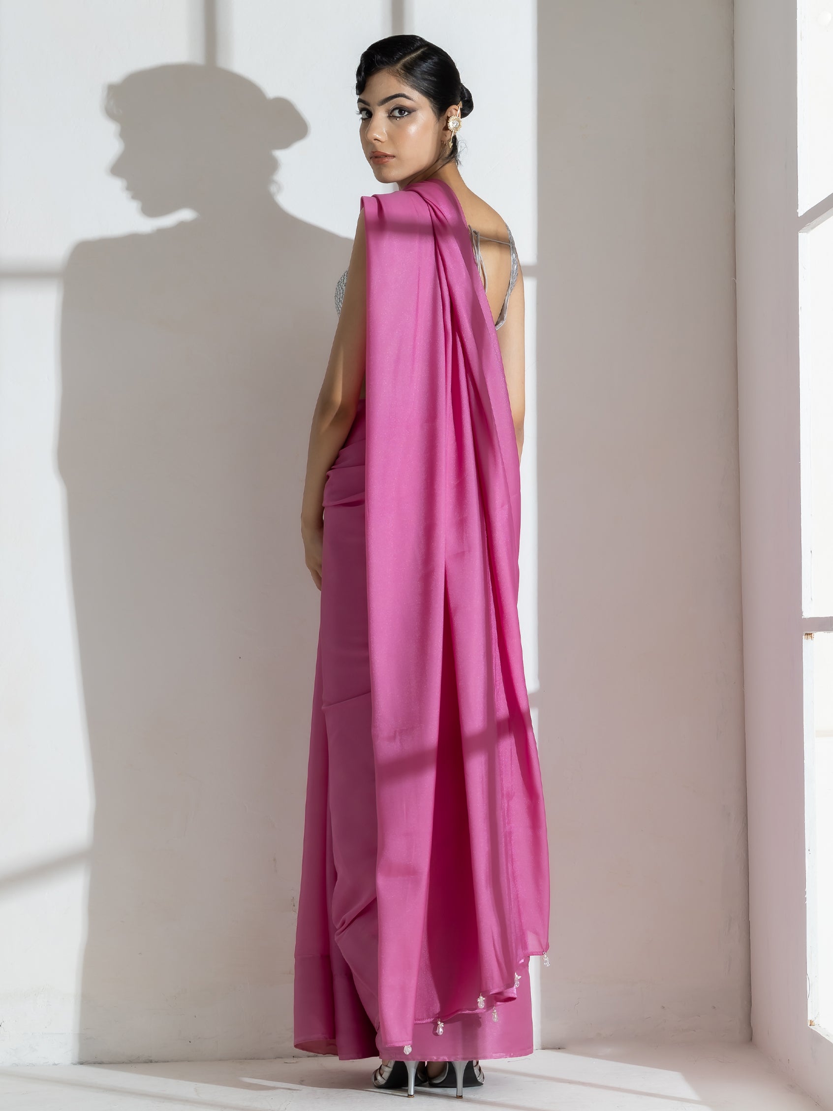 Onion Pink Silky Organza Saree with Beads and Self Blouse Fabric