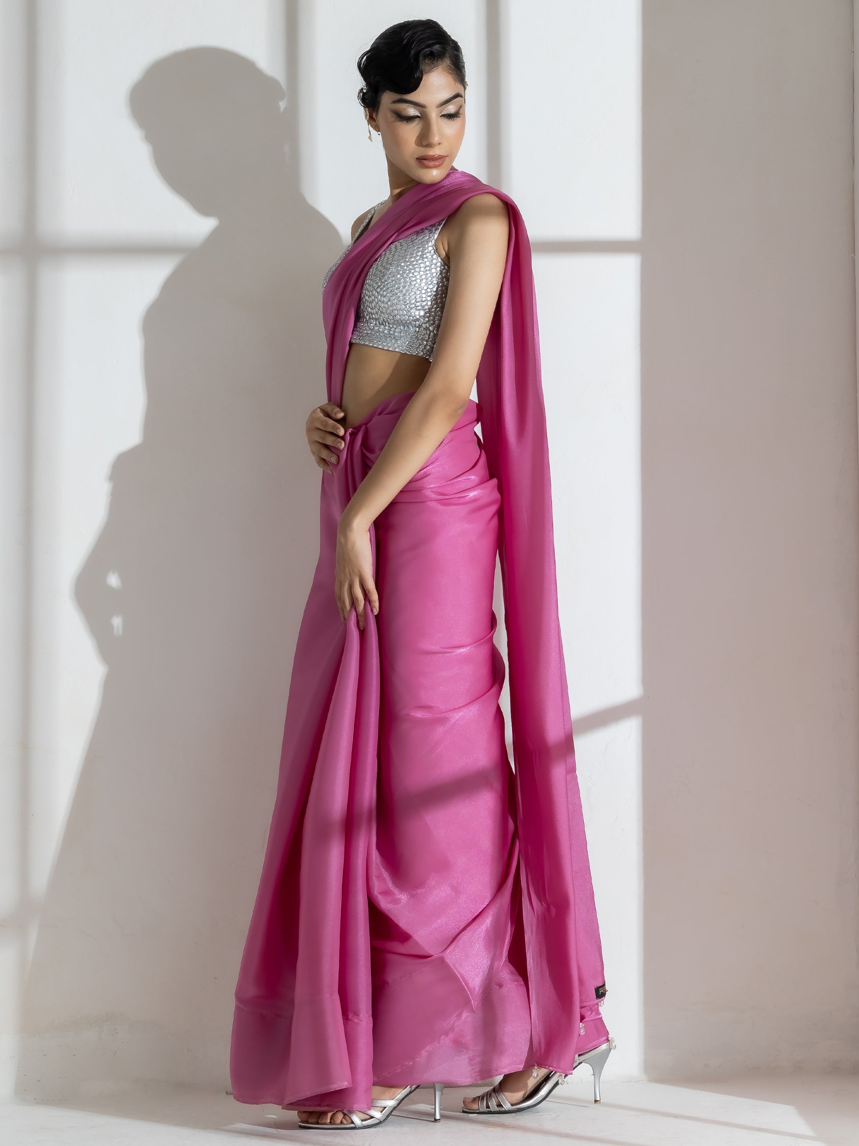 Onion Pink Silky Organza Saree with Beads and Self Blouse Fabric