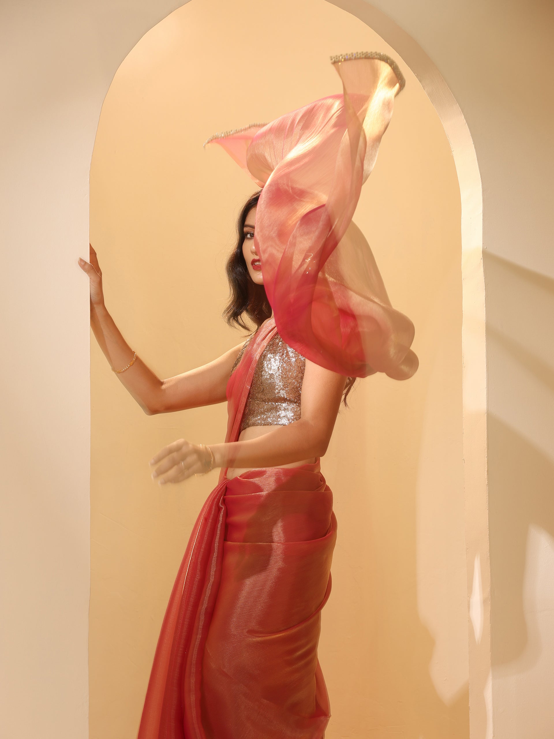 Pink Copper Mettalic Chiffon Saree with Lace