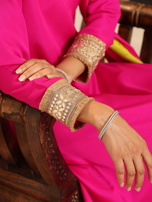 Women's Fuchsia Kurta with Lace, Pant, and Fuchsia and Green Dupatta 3 Piece Set | A-Line, V Neck, Full Sleeves, Pants, Festive Wear, (Chiffon)