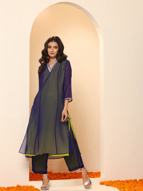 Women's Purple & Green Surprise Georgette Kurta with Pants 2 Piece Set | A-Line, V Neck, 3/4 Sleeves, Pants, Work wear, Festive Wear, (Georgette)