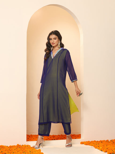 Women's Purple & Green Surprise Georgette Kurta with Pants 2 Piece Set | A-Line, V Neck, 3/4 Sleeves, Pants, Work wear, Festive Wear, (Georgette)