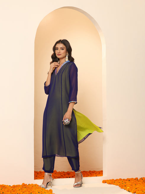 Women's Purple & Green Surprise Georgette Kurta with Pants 2 Piece Set | A-Line, V Neck, 3/4 Sleeves, Pants, Work wear, Festive Wear, (Georgette)