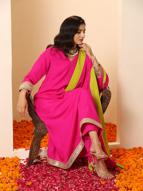 Women's Fuchsia Kurta with Lace, Pant, and Fuchsia and Green Dupatta 3 Piece Set | A-Line, V Neck, Full Sleeves, Pants, Festive Wear, (Chiffon)