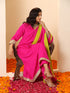 Women's Fuchsia Kurta with Lace, Pant, and Fuchsia and Green Dupatta 3 Piece Set | A-Line, V Neck, Full Sleeves, Pants, Festive Wear, (Chiffon)